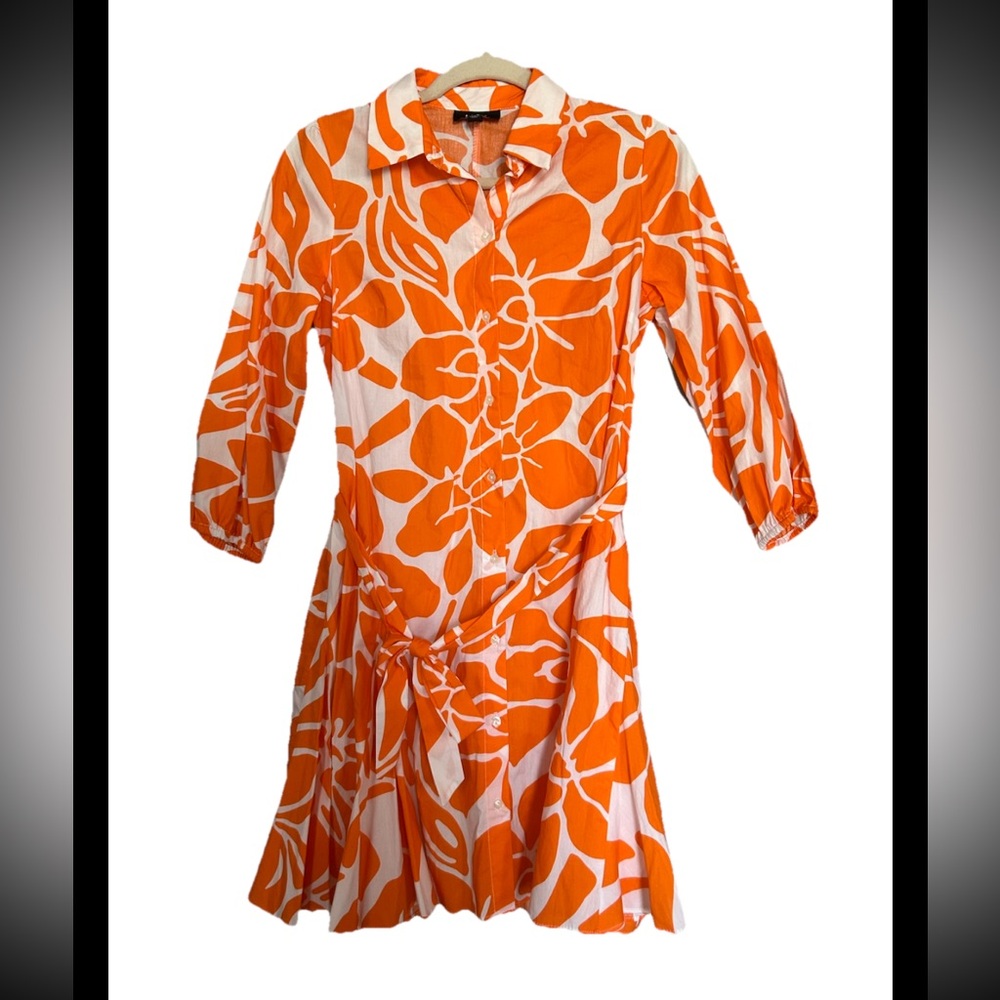 MSK Orange and White Floral Long Sleeve Belted Cotton Dress Women’s Small